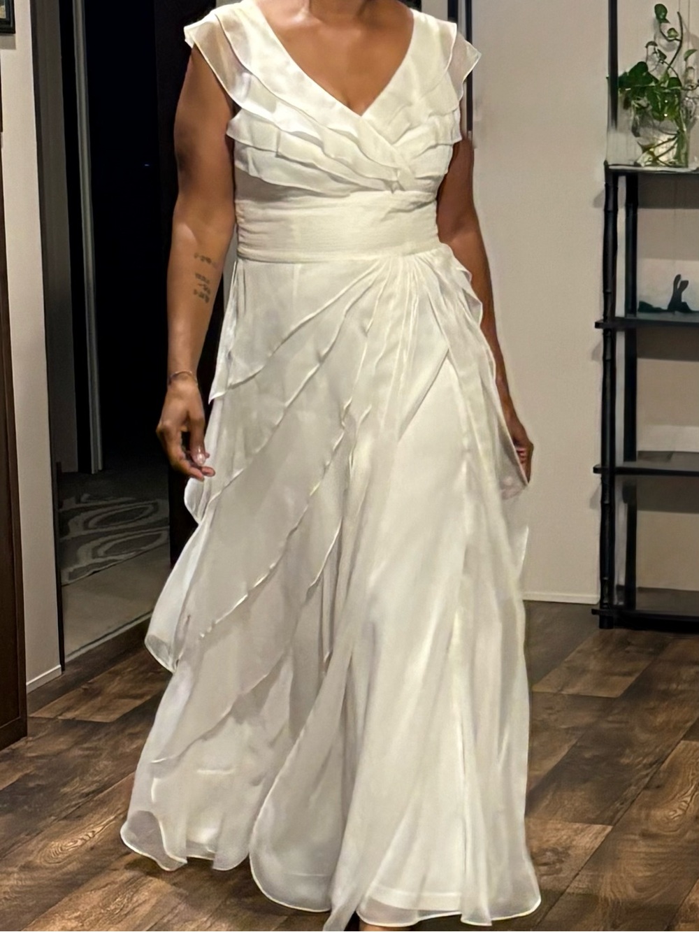 Adrianna Papell Ivory Ruffle-Trim V-Neck Maxi Dress